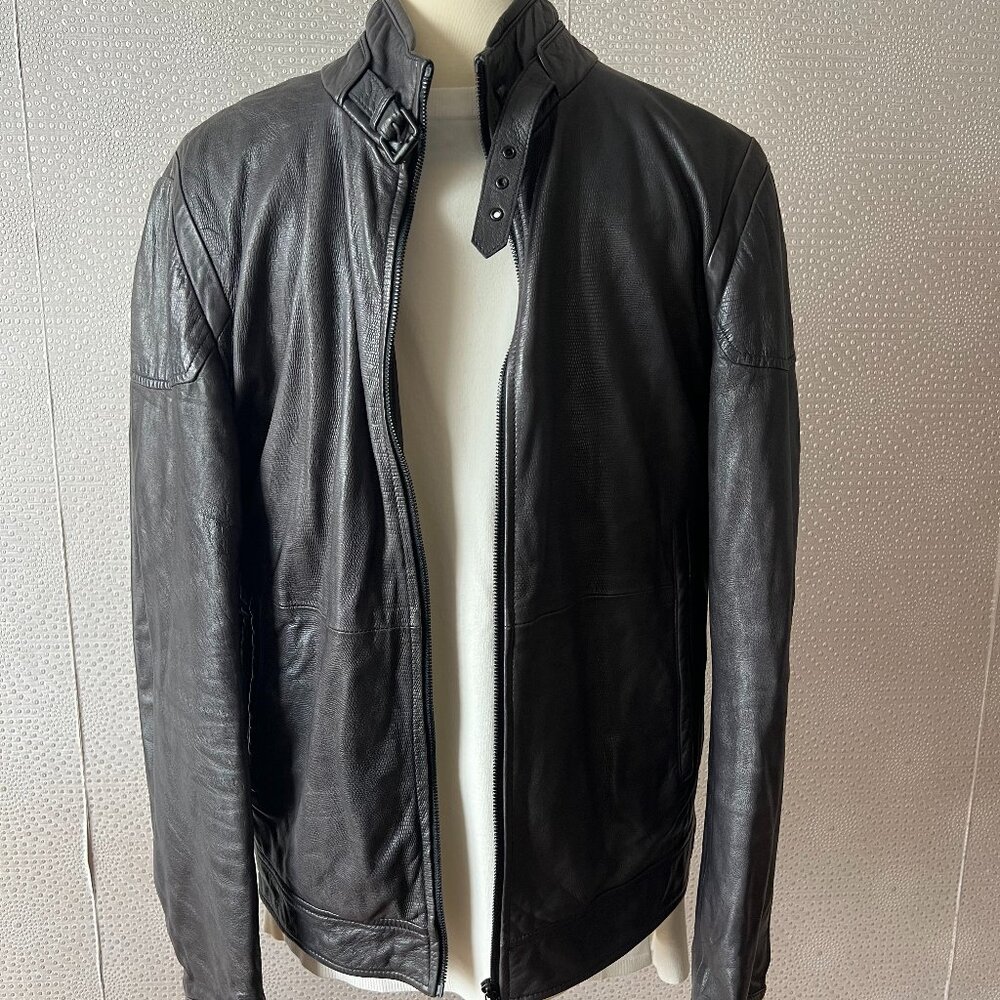 Hugo Boss Mens Brown Embossed Leather Full Zip Motorcycle Jacket Size 38R
